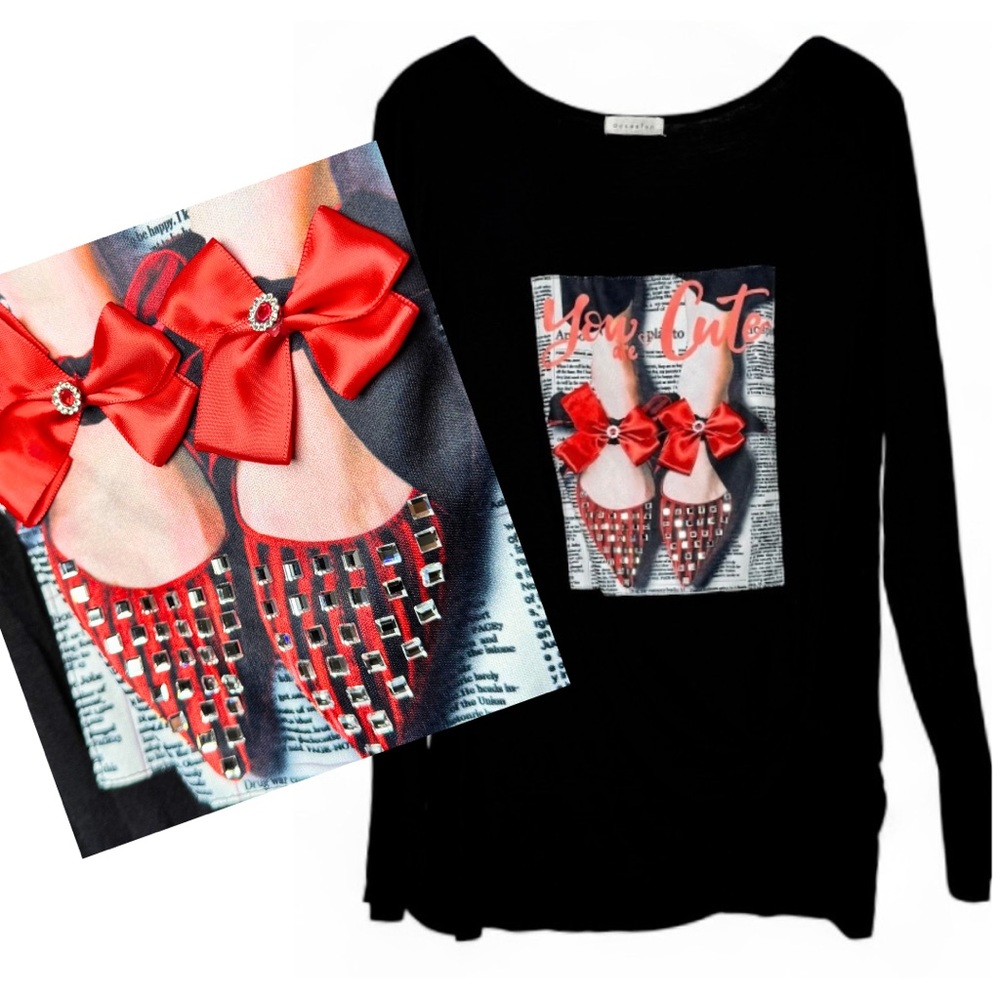 Bling Graphic Top 3D Satin Bows Rhinestones Juniors XL Glam Date Night